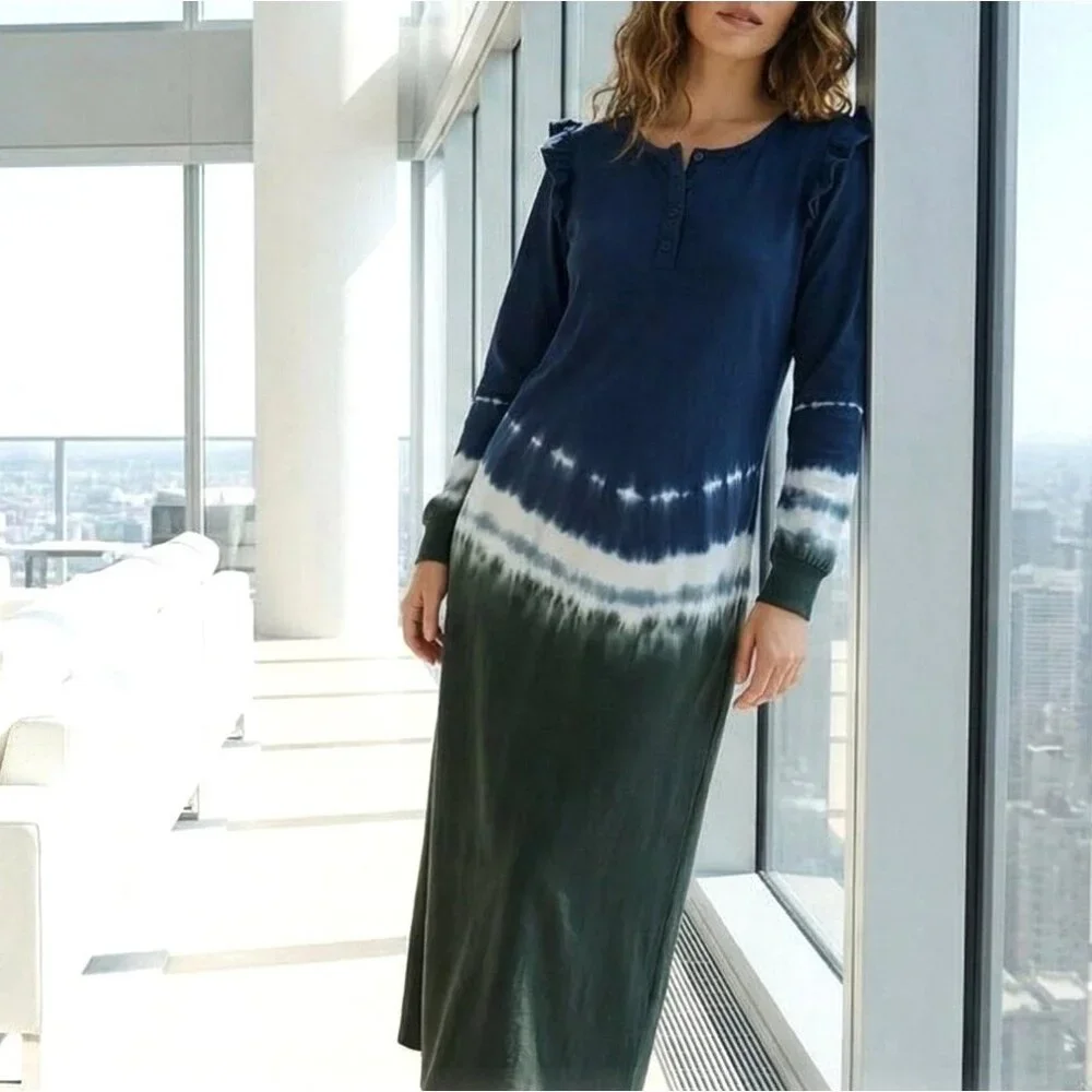 NWT REVOLVE Z Supply - S Blue‎ Iris Tie Dye Ruffle Maxi Side Slits Dress